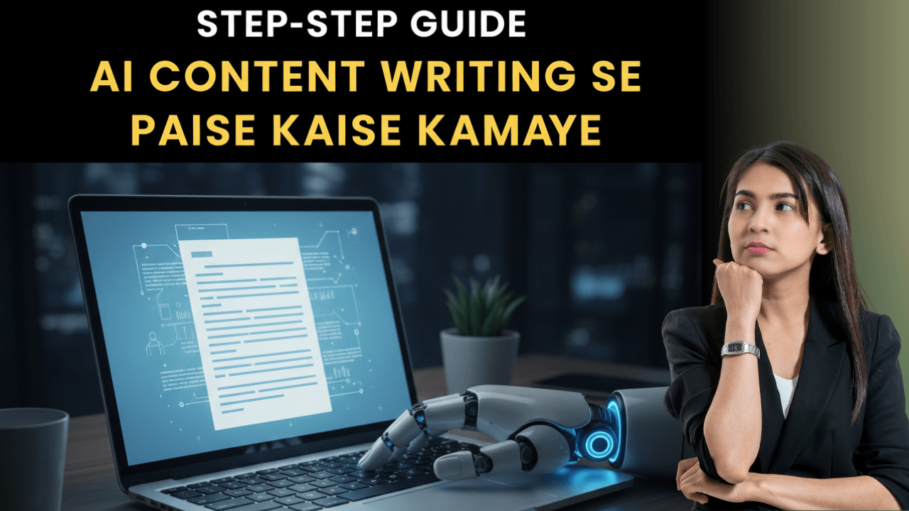 A professional workspace featuring a high-end laptop displaying an AI content writing interface, surrounded by coffee, notebooks, and digital growth charts, representing How to Make Money with AI Content Writing in 2026