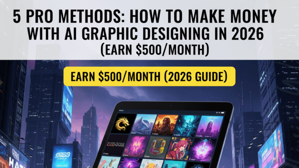 A sleek, futuristic digital art studio featuring a dual-monitor setup with high-end AI graphic design software, showcasing 3D neon-lit logos and artistic illustrations to illustrate how to Make Money with AI Graphic Designing in 2026