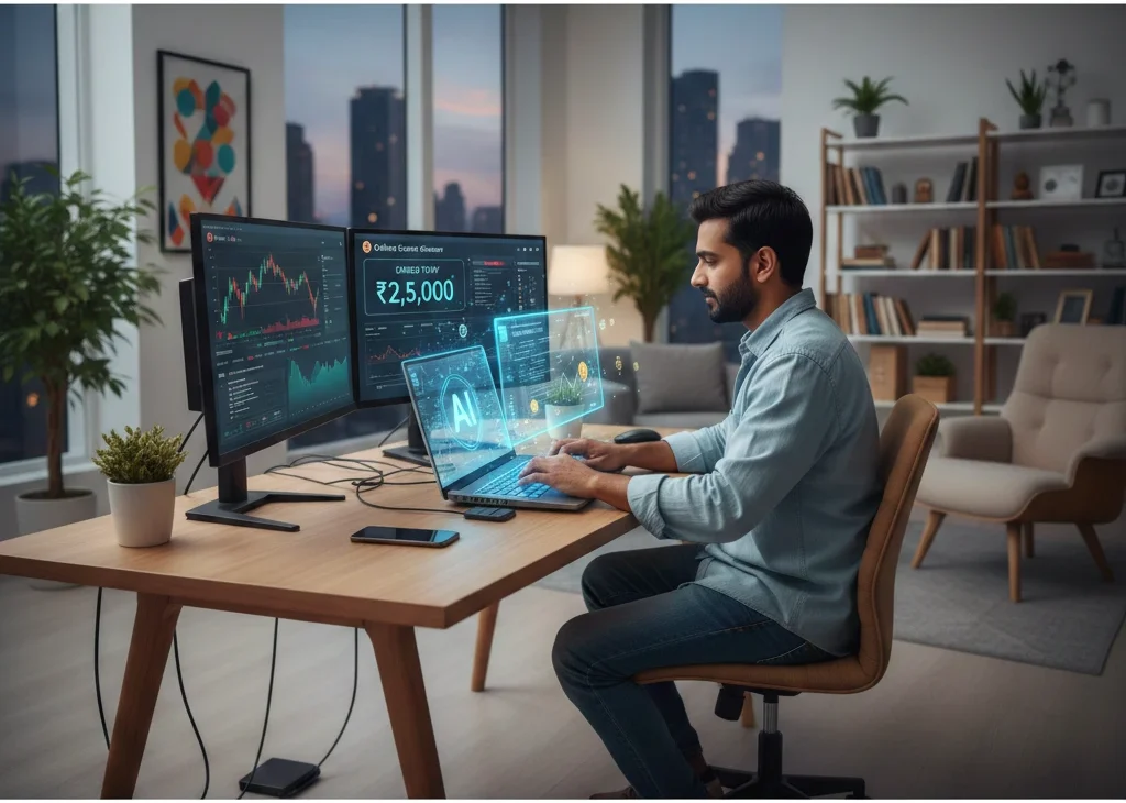 AI se ghar baithe paise earning concept showing person working from home with AI tools